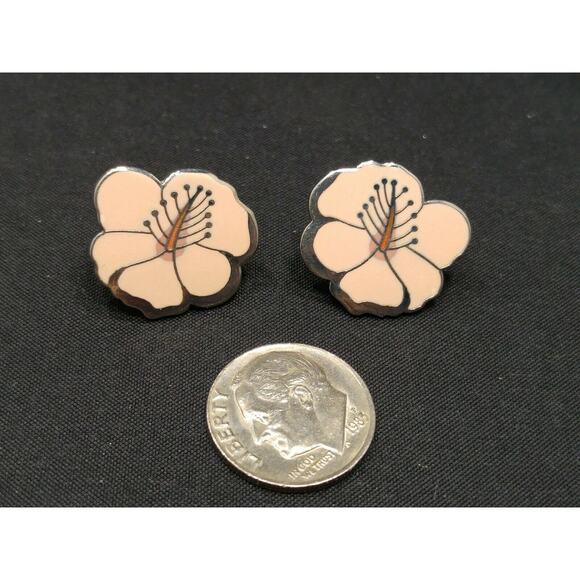 Laurel Burch "Hibiscus" Pink Post Earrings, Rhodium Plated Silver Tone, 1980s - Picture 9 of 10